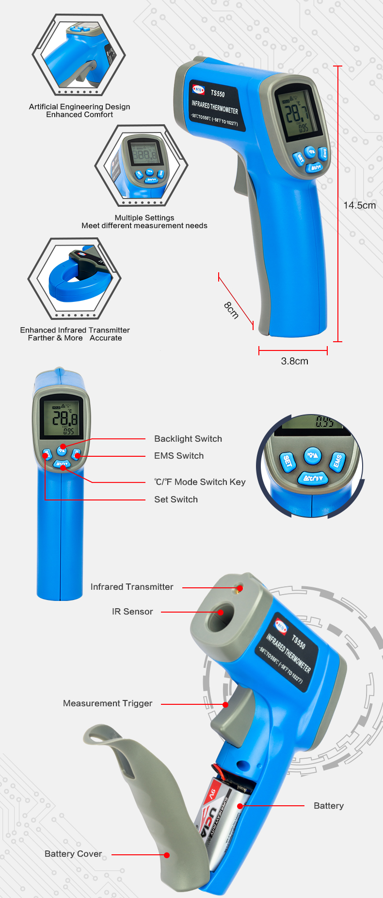 Industrial digital Non-Contact Infrared Thermometer TS550 with temperature -50°c-550°c